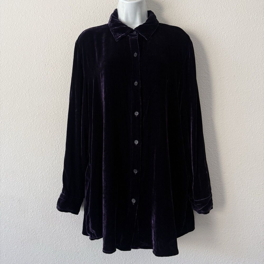 Soft Surroundings XL Dark Purple Silk Rayon Velvet Whimsigoth Button Up Blouse